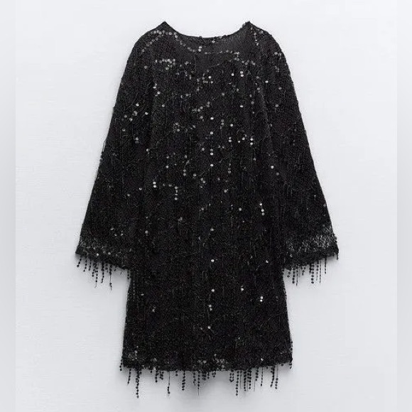 Zara FRINGED SEQUIN MINI DRESS. Black. Size S. New with Tags. - Picture 10 of 10